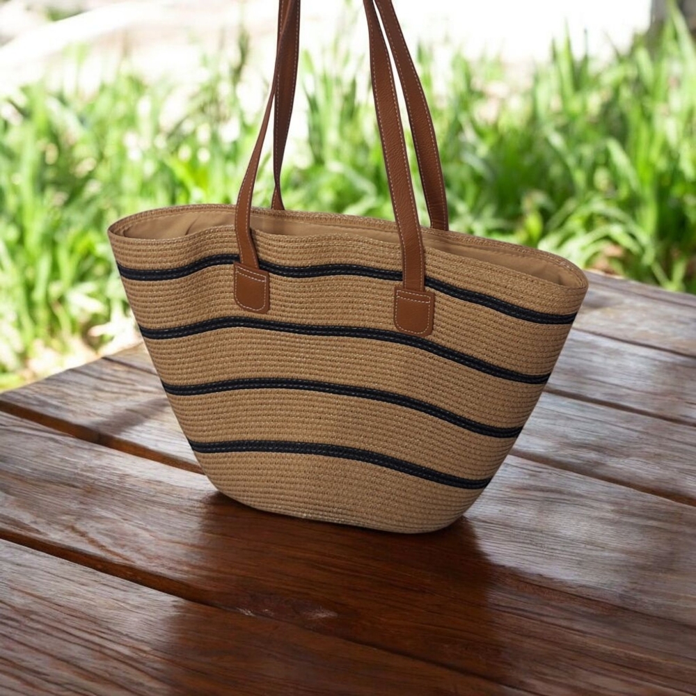 Striped Straw Tote Bag with Leather Handles - Beige & Navy